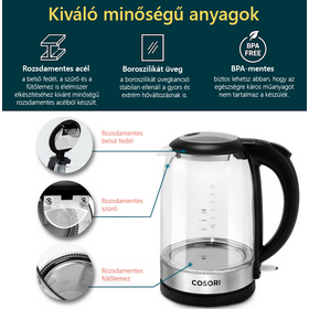 Kép 2/4 - Cosori Elektromos Vízforraló Üveg 1,7L (Fekete) GK172-CO
